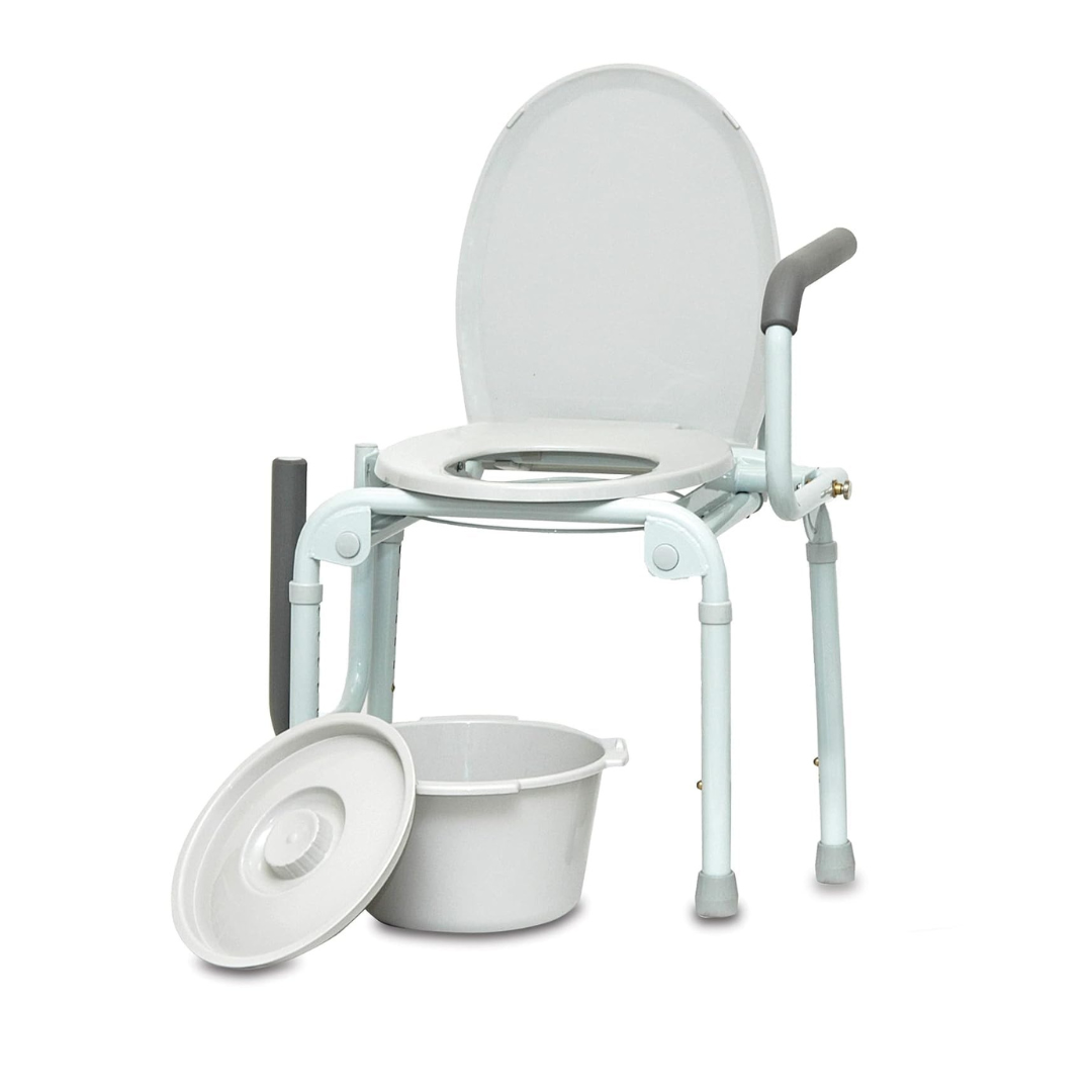 The ProBasics Bedside Steel Drop-Arm Commode features armrests, a removable seat cover, and comes with a white bucket and lid—perfect as a toilet safety frame for home or care facility use.